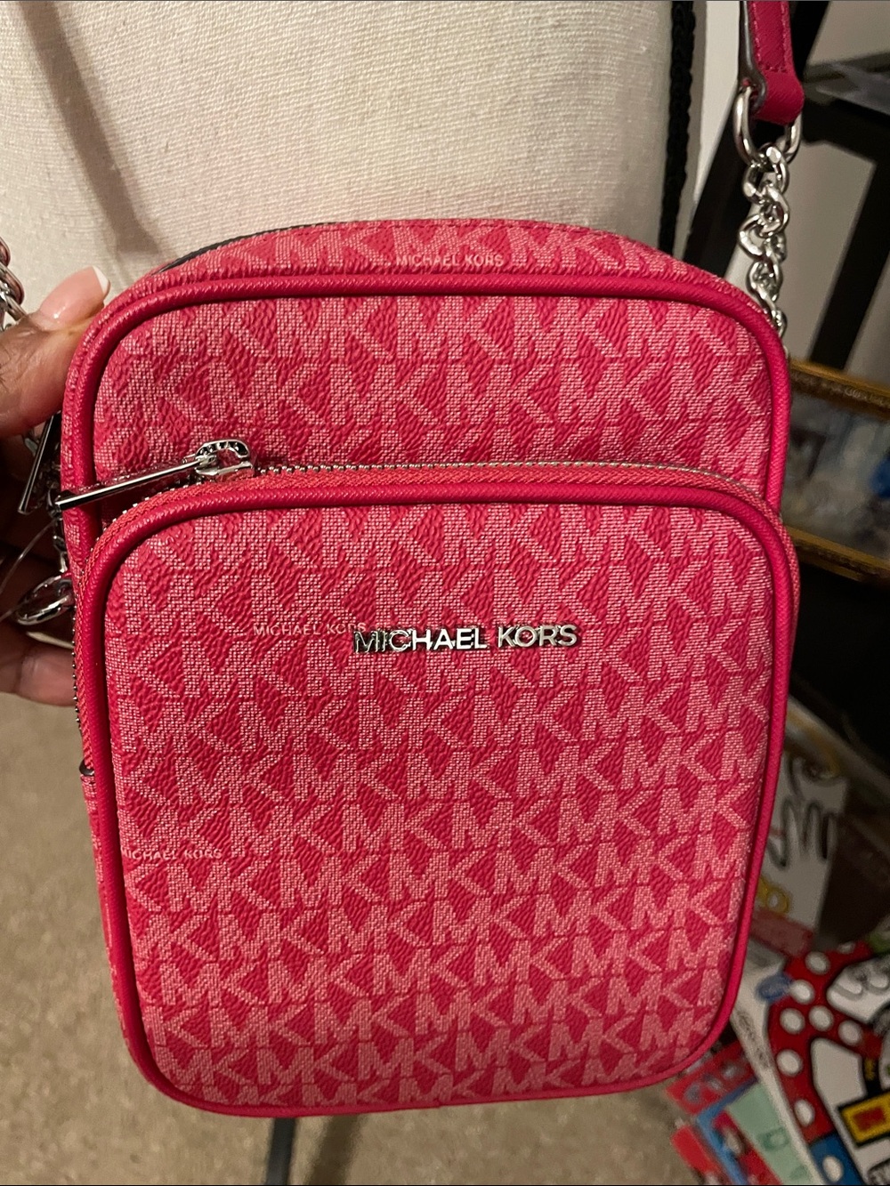 Michael Kors Hot Pink Monogram Crossbody with Chain Strap